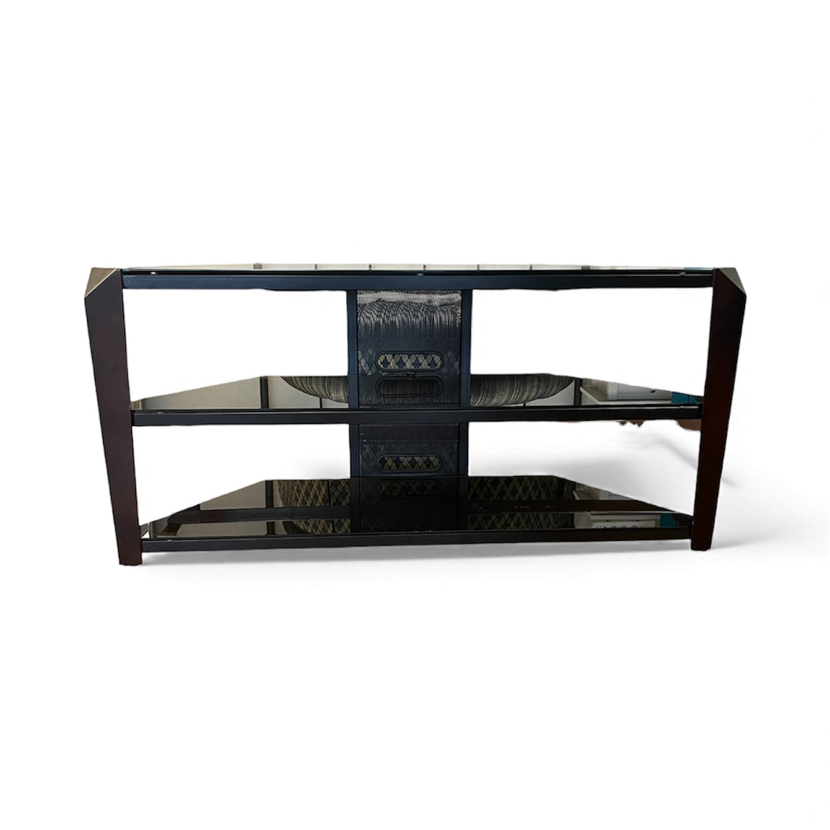 Black Glass & Dark Brown Wood TV Stand