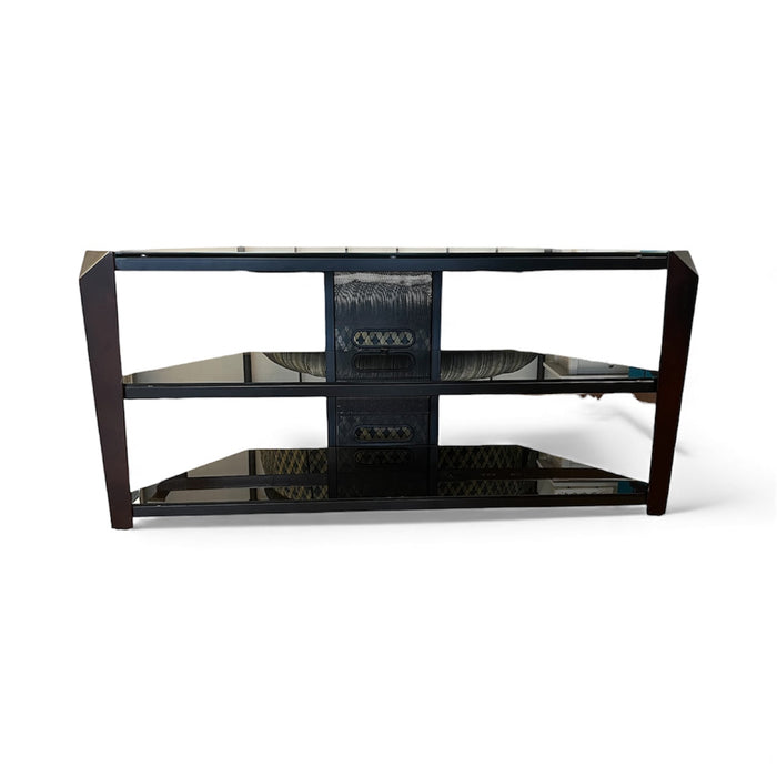 Black Glass & Dark Brown Wood TV Stand