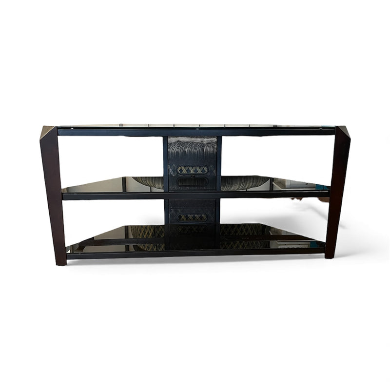 Black Glass & Dark Brown Wood TV Stand