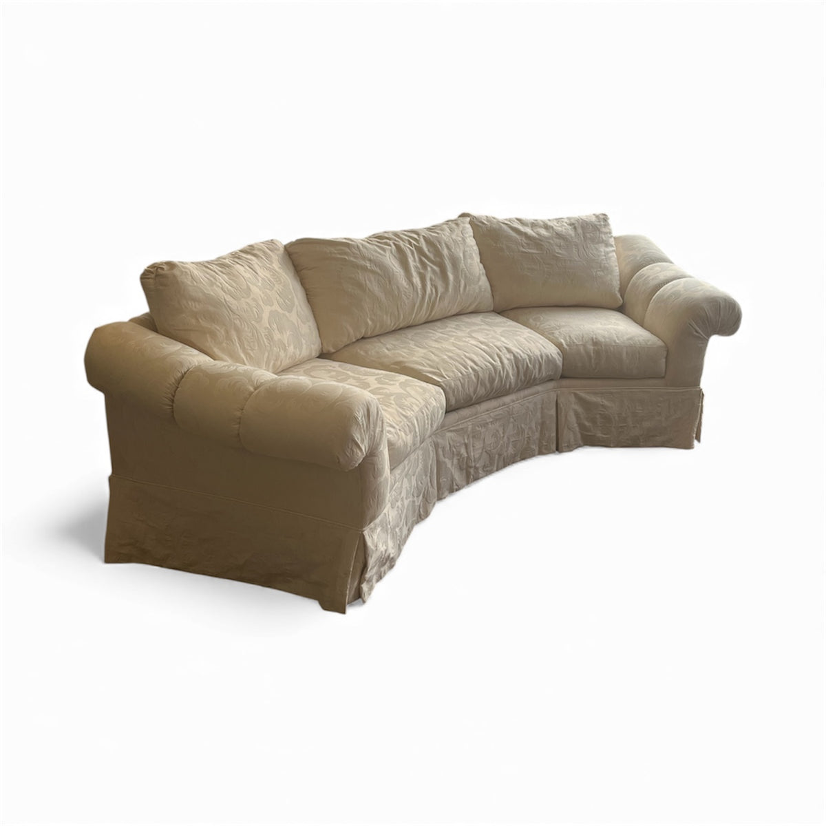 Half-Hexagon Curved Sofa with Cream Damask Upholstery
