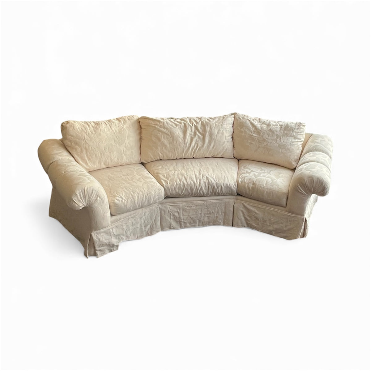 Half-Hexagon Curved Sofa with Cream Damask Upholstery