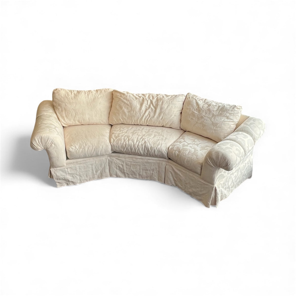 Half-Hexagon Curved Sofa with Cream Damask Upholstery