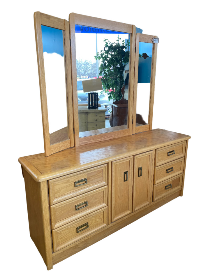 68" Wooden Dresser with 3 Panel Mirror