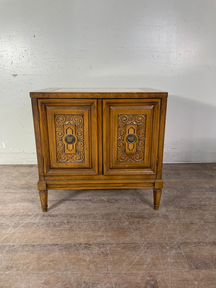 Wood Carved Marble Top Nightstand