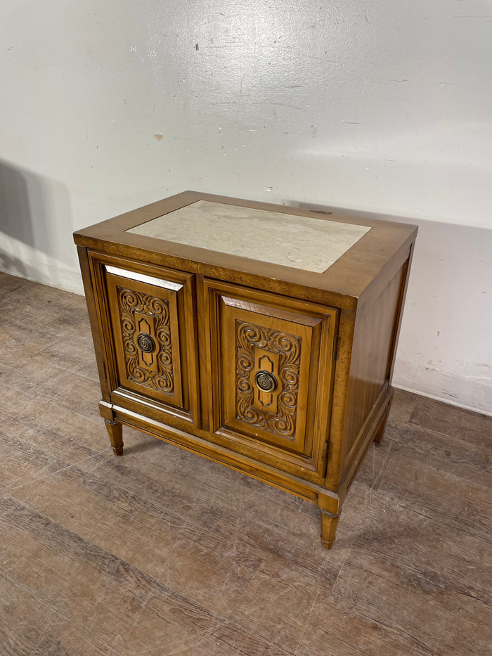 Wood Carved Marble Top Nightstand