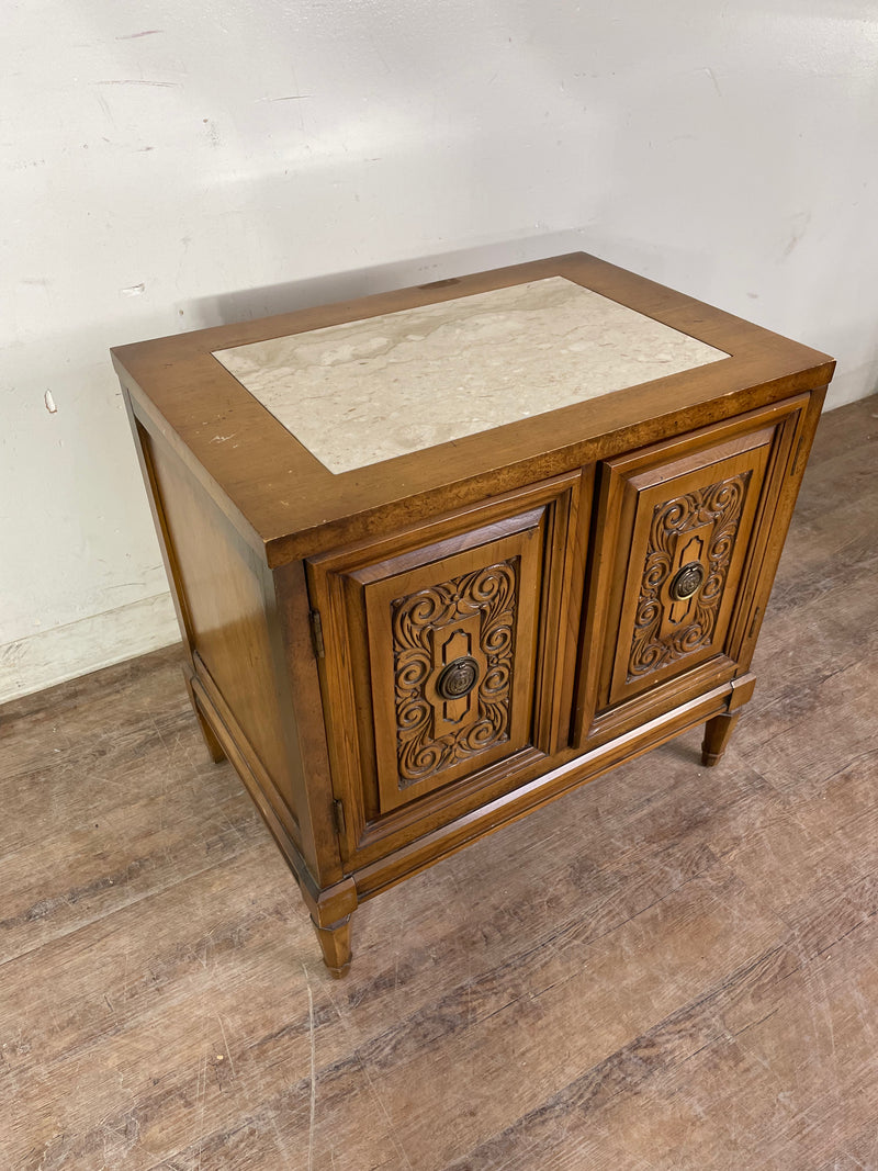 Wood Carved Marble Top Nightstand