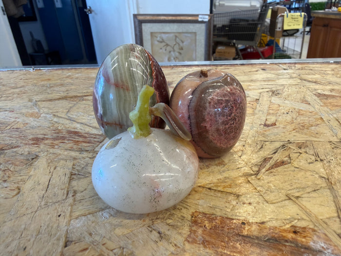 Vintage Polished Onyx & Alabaster Stone Trio - Egg, Apple, and Gourd