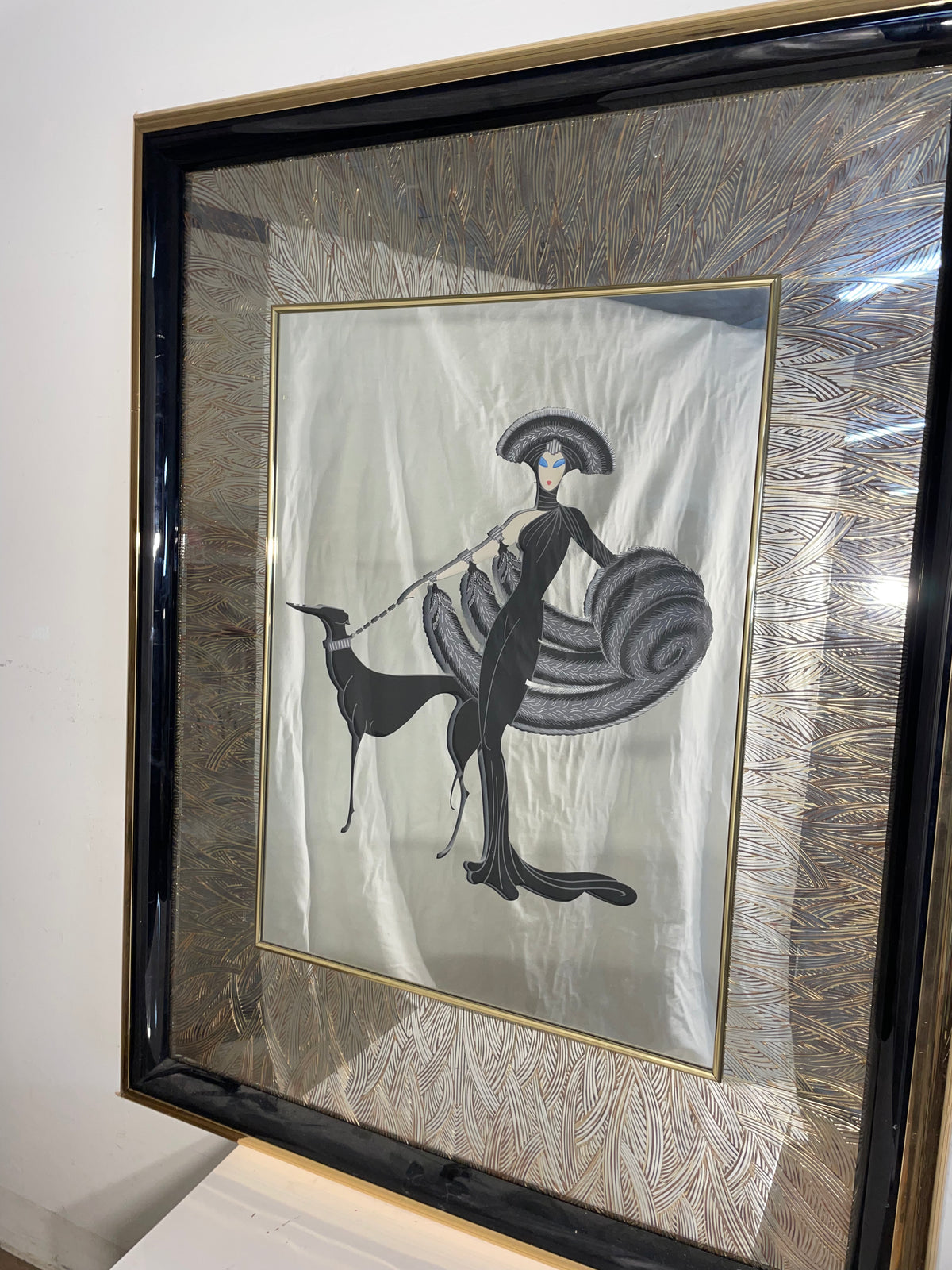 Erte "Symphony in Black" Art Mirror in Gold Frame