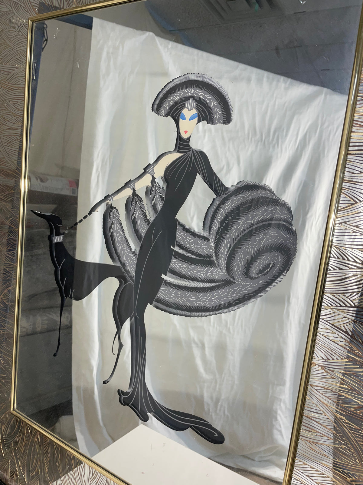 Erte "Symphony in Black" Art Mirror in Gold Frame
