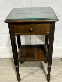 Antique Dark Wood Side Table With Glass Top