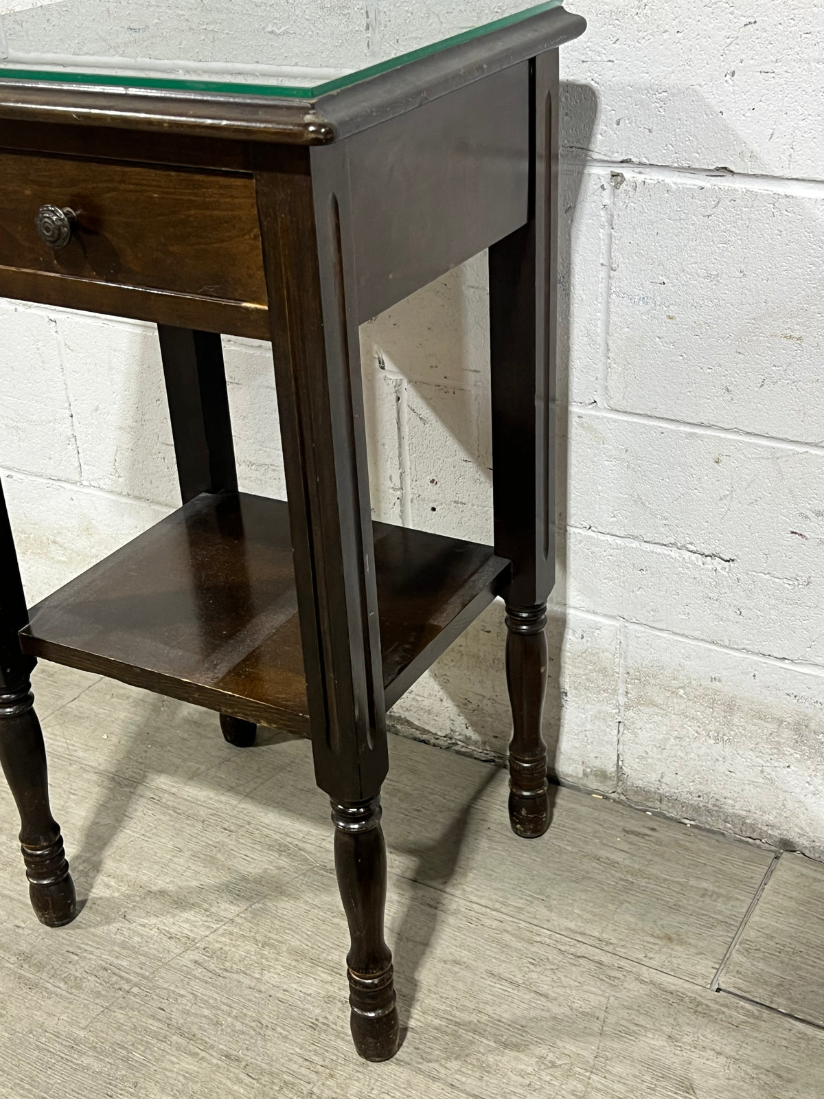 Antique Dark Wood Side Table With Glass Top