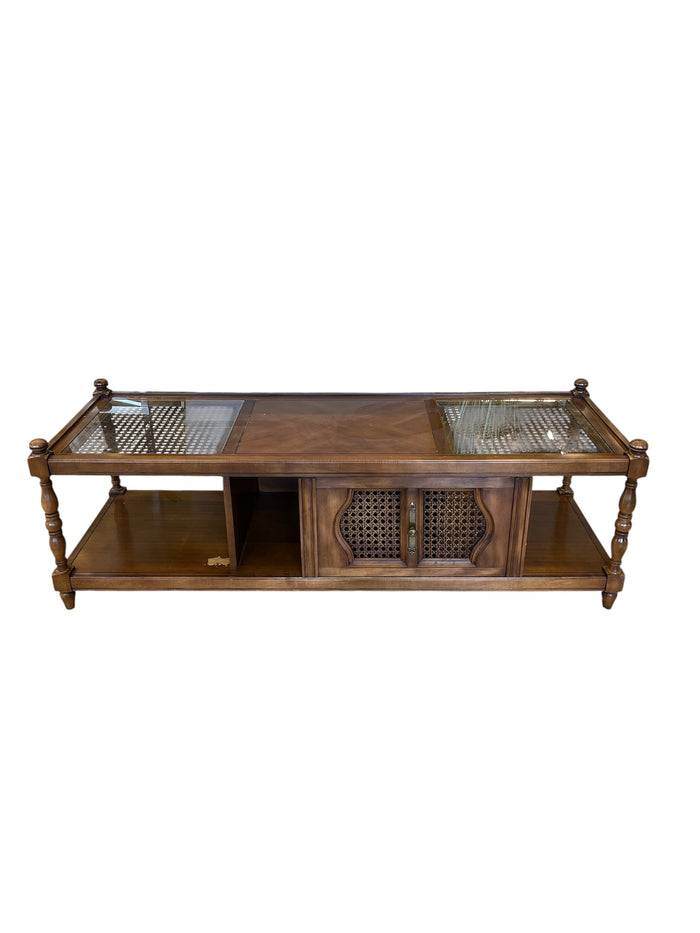 Wood Coffee Table w/ Cane Doors & Glass Inlay