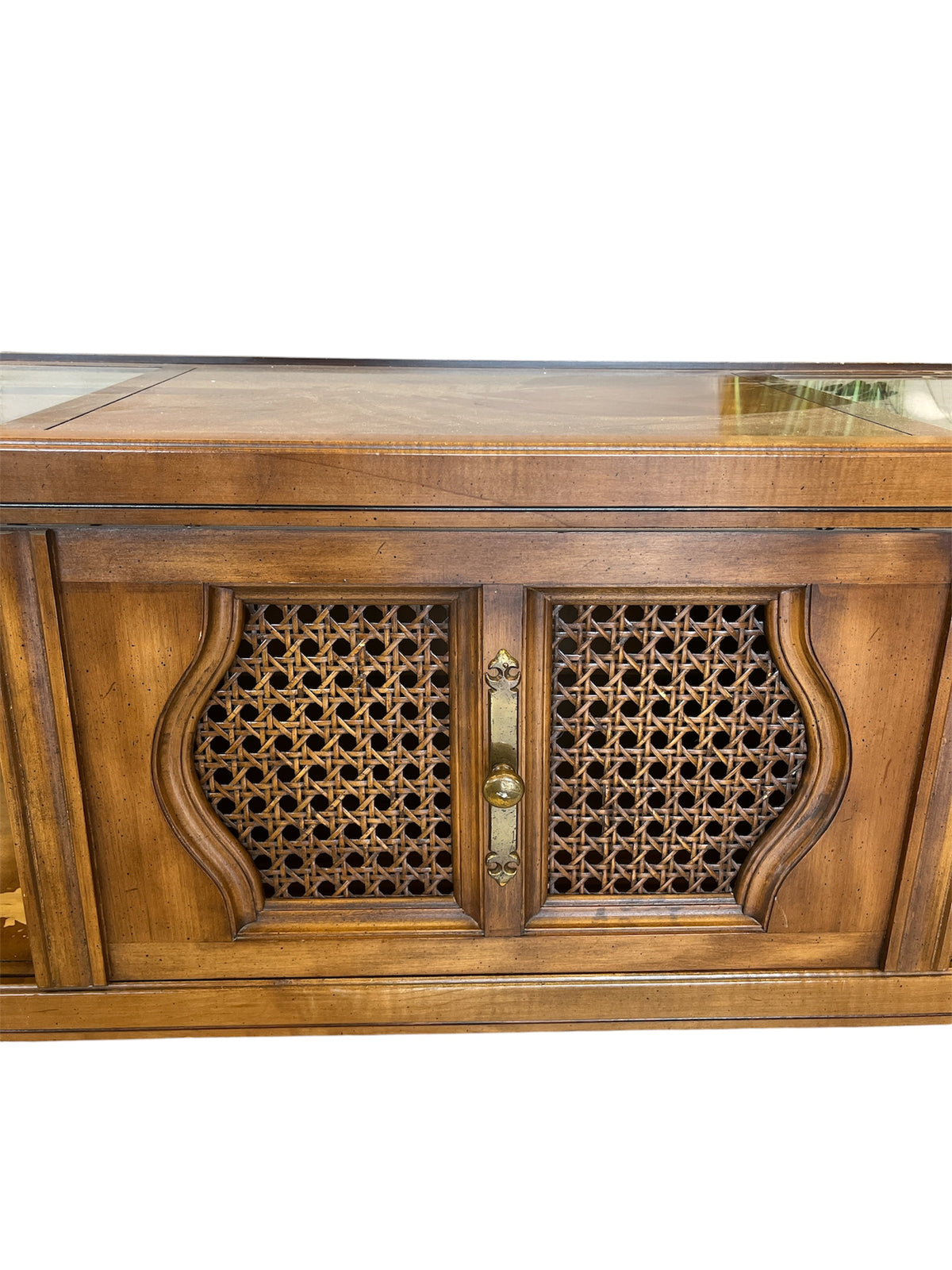 Wood Coffee Table w/ Cane Doors & Glass Inlay