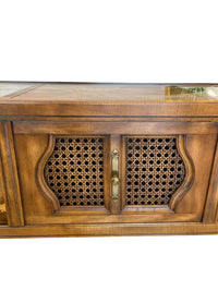 Wood Coffee Table w/ Cane Doors & Glass Inlay