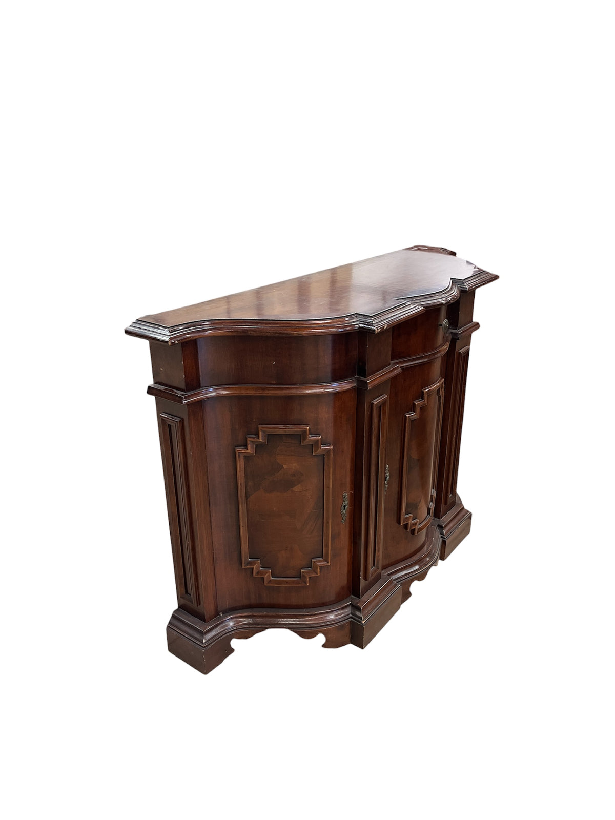 Curved Front Wooden Cabinet w/ Carved Panel Details