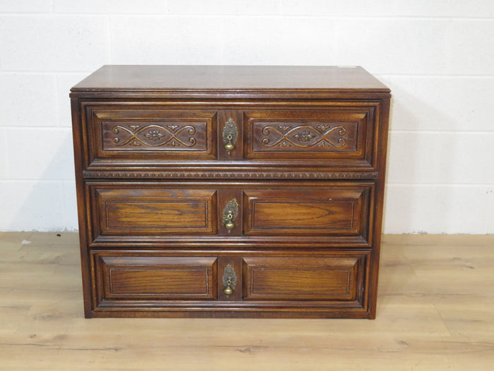 33"W Vintage Mid-Century Carved Solid Wood Drawer Cabinet