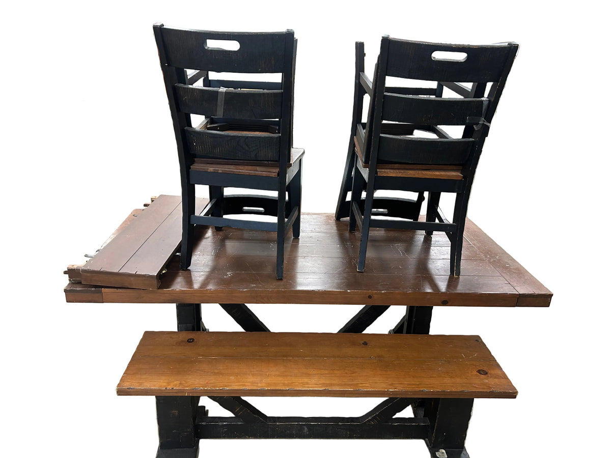 Rustic Two-Tone Dining Table w Bench & 4 Chairs