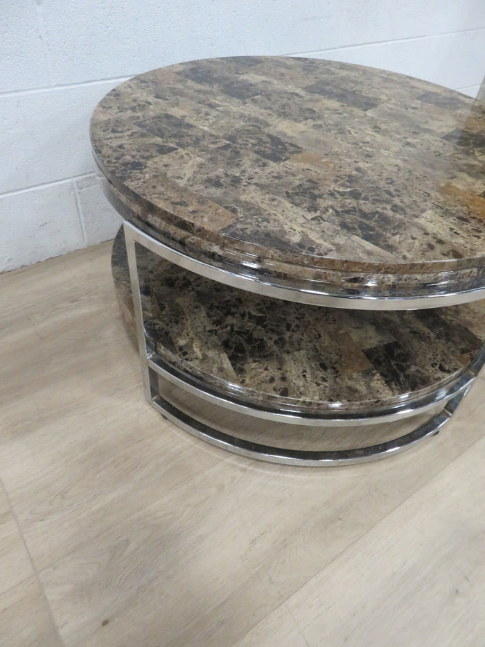 Round Faux Marble Two Tier Coffee Table