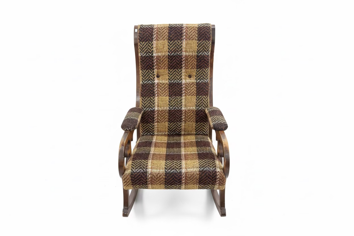 Vintage Tan Plaid Fabric Patterned Rocking Chair