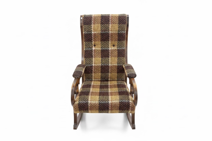 Vintage Tan Plaid Fabric Patterned Rocking Chair