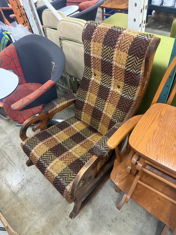 Vintage Tan Plaid Fabric Patterned Rocking Chair