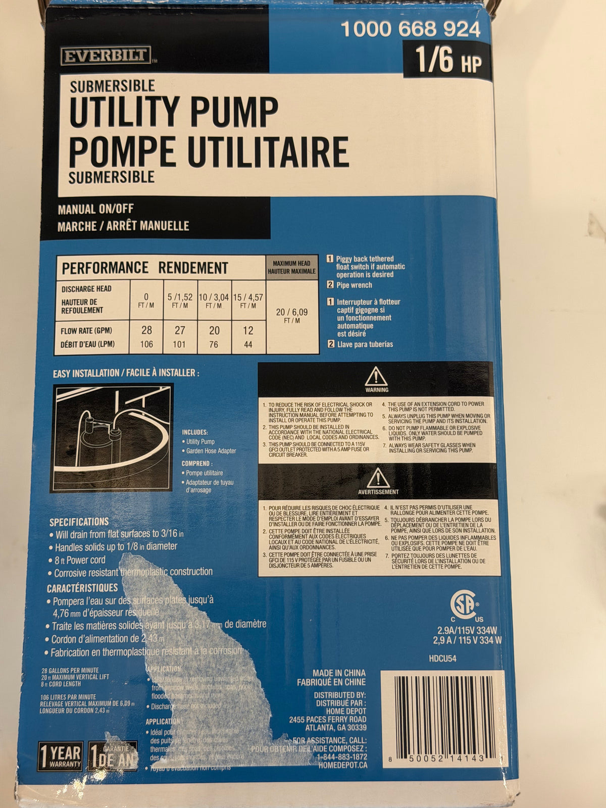 1/12 HP Portable Submersible Utility Pump