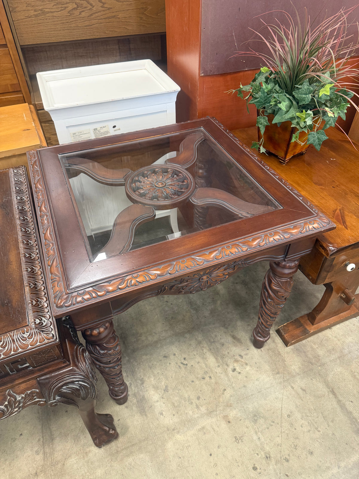 Square Dark Wood Ornate Side Table