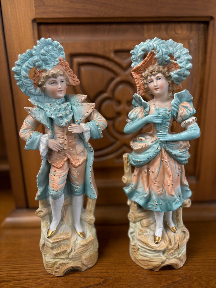 Antique German Bisque Peach/Teal Figurine