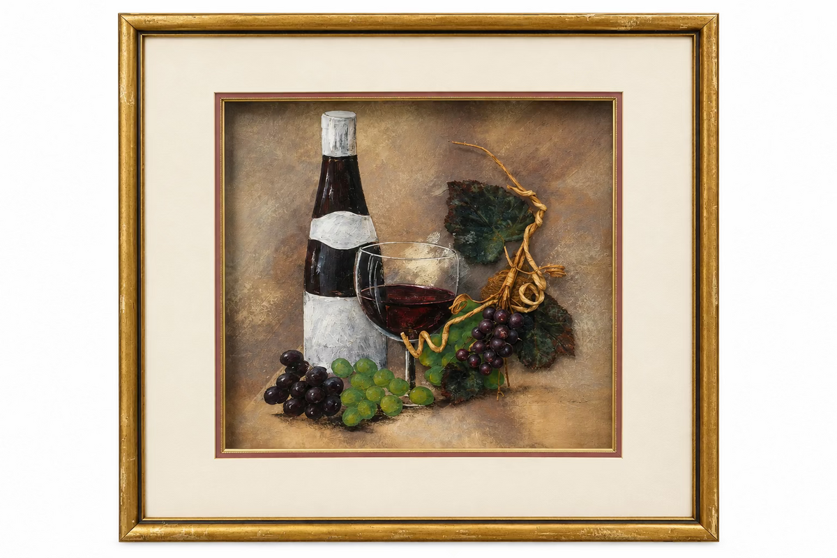 A Glass Of Red Wine and a Cluster of Grapes (3D Style Wall Art Piece)