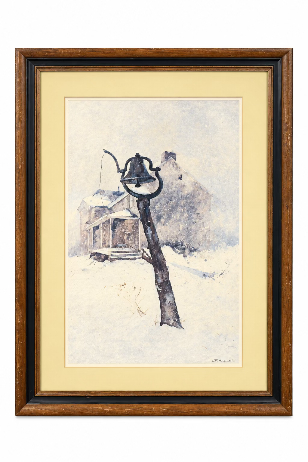 Farm Bell in Front of Snowy Farm House by Charles Colombo