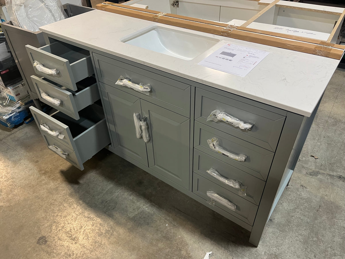 Bath Vanity in Gray ENGRD Stone Vanity Top in White