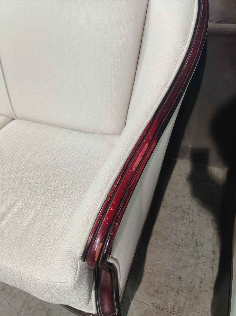 White Loveseat with Deep Red Wood Frame