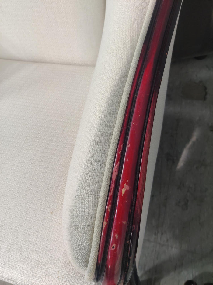 White Armchair with Deep Red Wood Frame