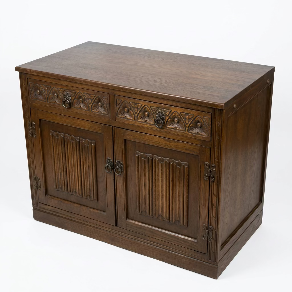 Vintage Chocolate Brown Tudor-Styled  Low Cabinet