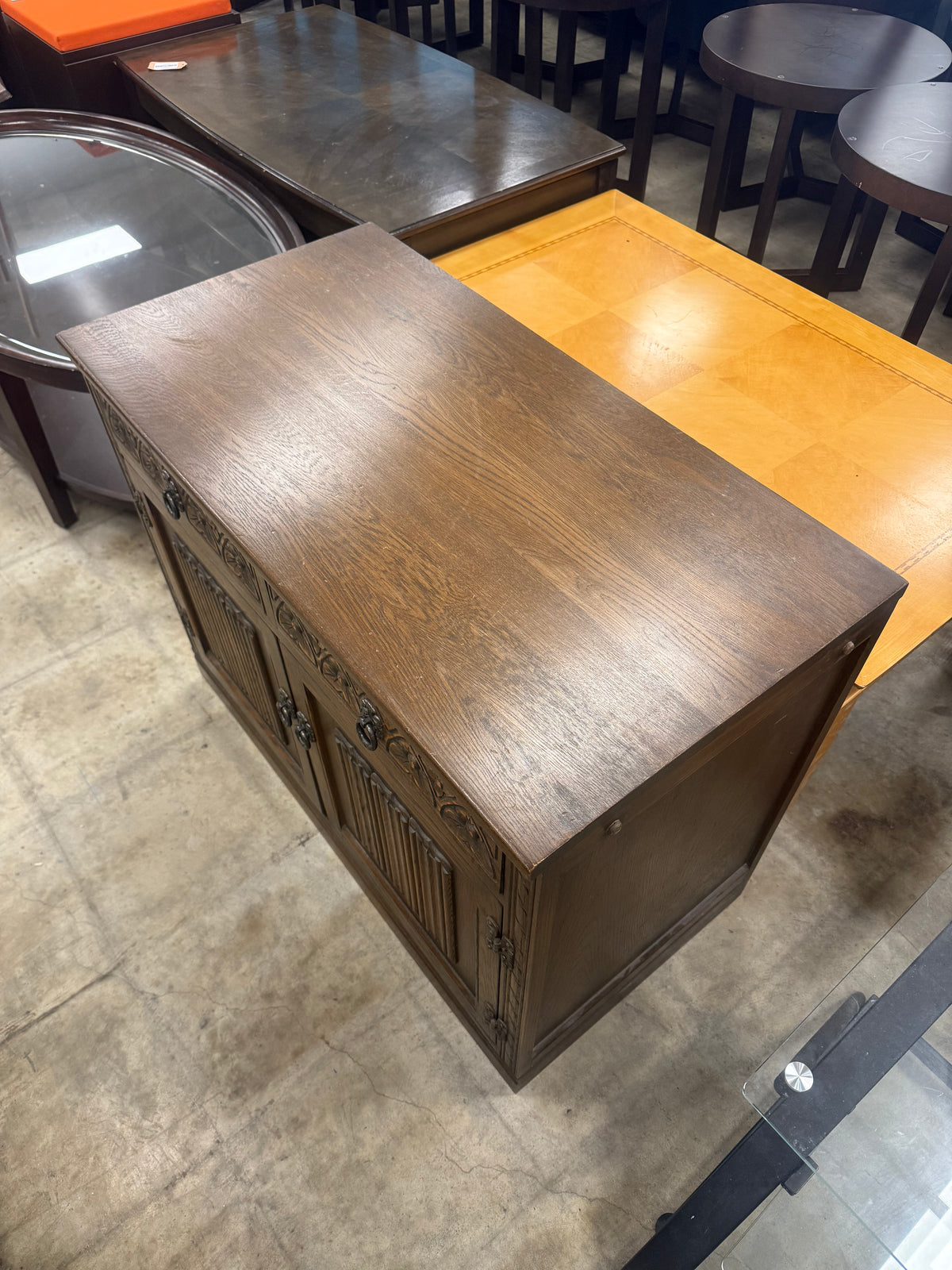 Vintage Chocolate Brown Tudor-Styled  Low Cabinet