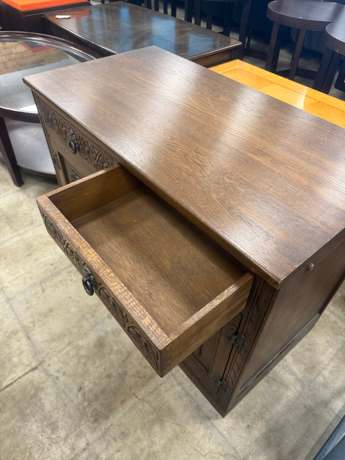 Vintage Chocolate Brown Tudor-Styled  Low Cabinet