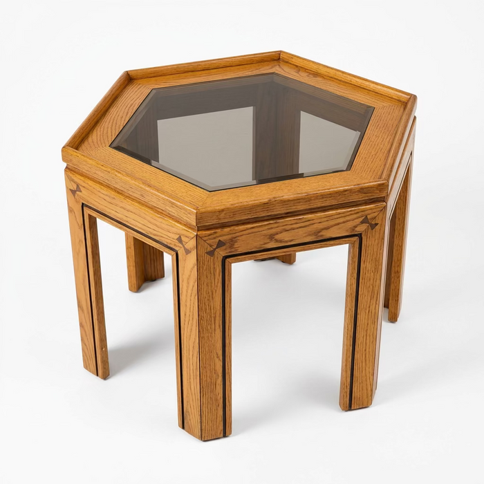 Vintage Octagonal Wooden Side Table with Tinted Glass Insert
