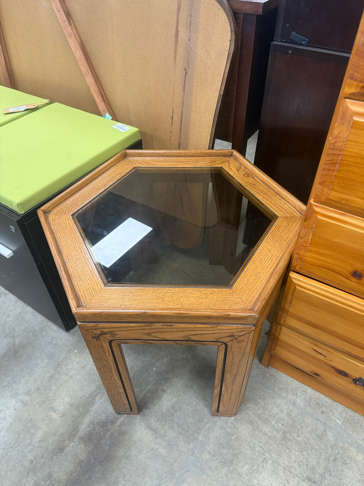 Vintage Octagonal Wooden Side Table with Tinted Glass Insert