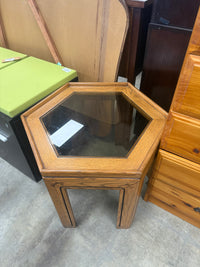 Vintage Octagonal Wooden Side Table with Tinted Glass Insert