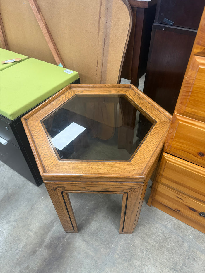 Vintage Octagonal Wooden Side Table with Tinted Glass Insert