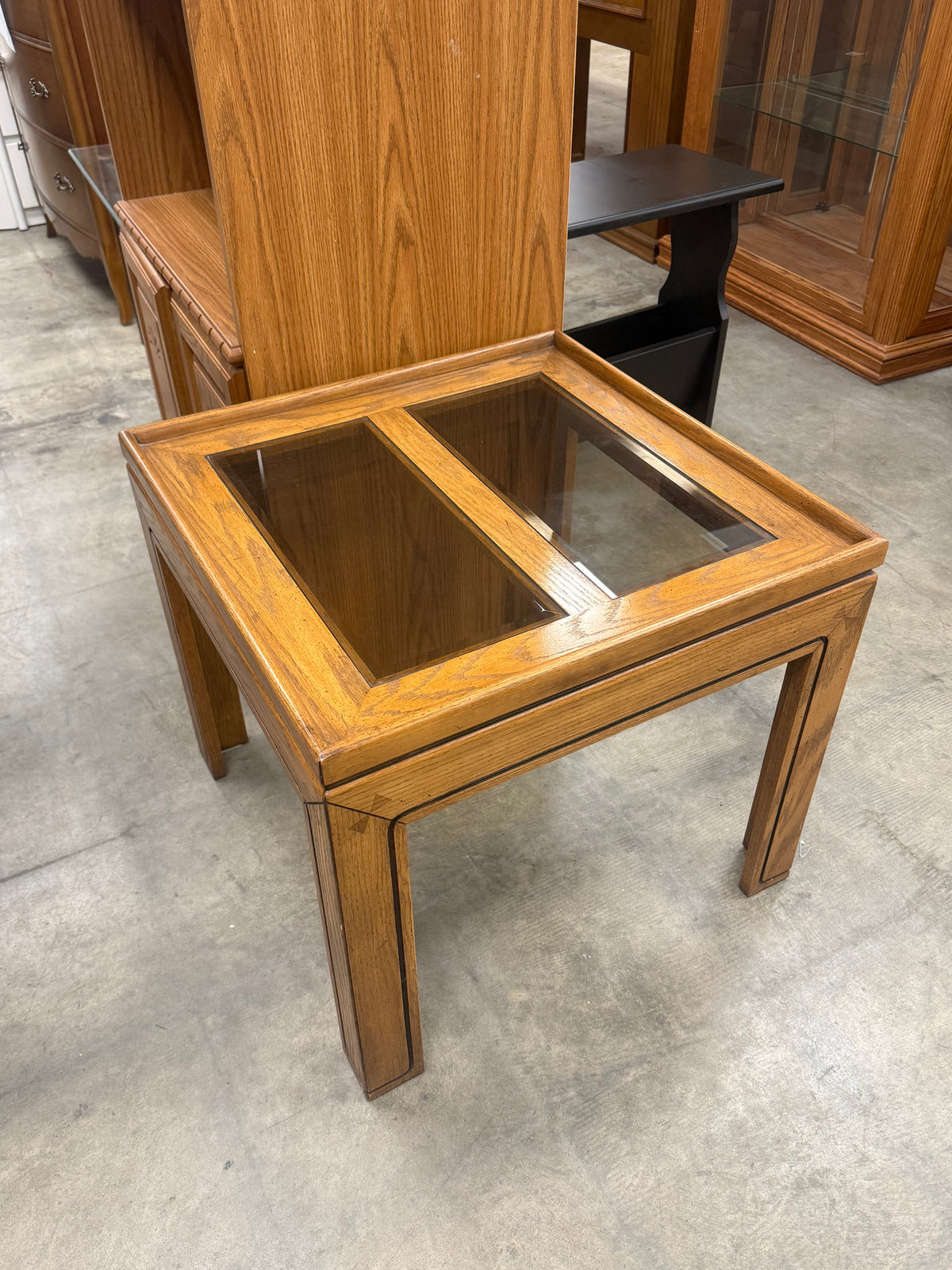 Vintage Wooden End Table with a Tinted Glass Insert