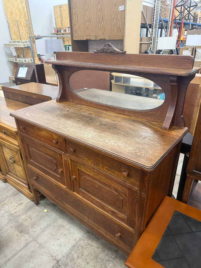 Tiger Oak Sideboard with an Elevated Oval Mirror Back