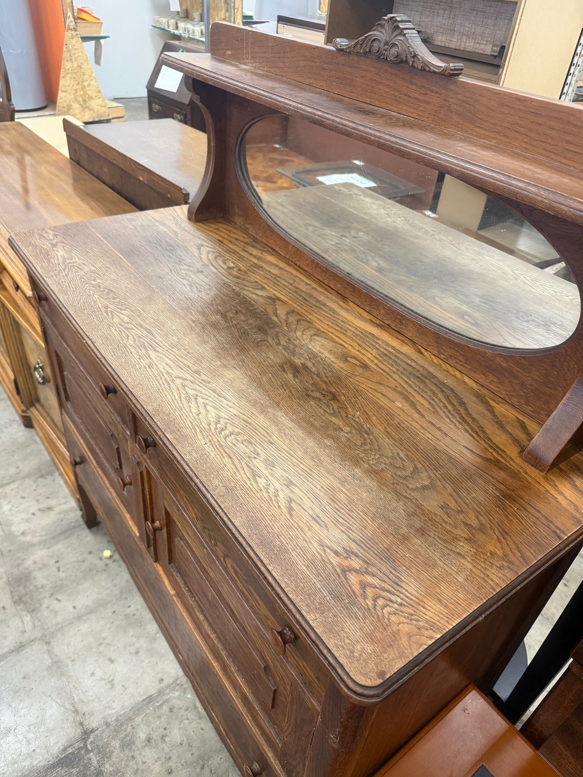 Tiger Oak Sideboard with an Elevated Oval Mirror Back