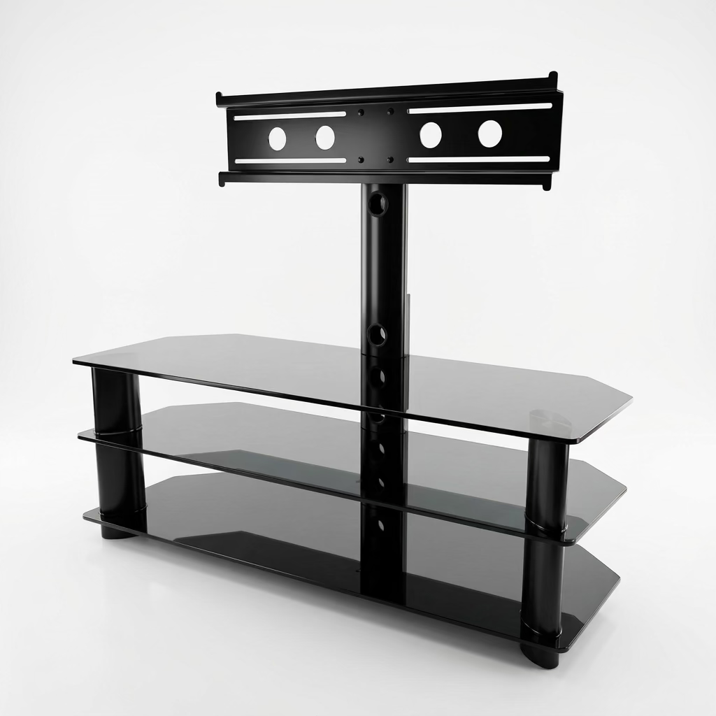 Black Glass and Metal Television Stand