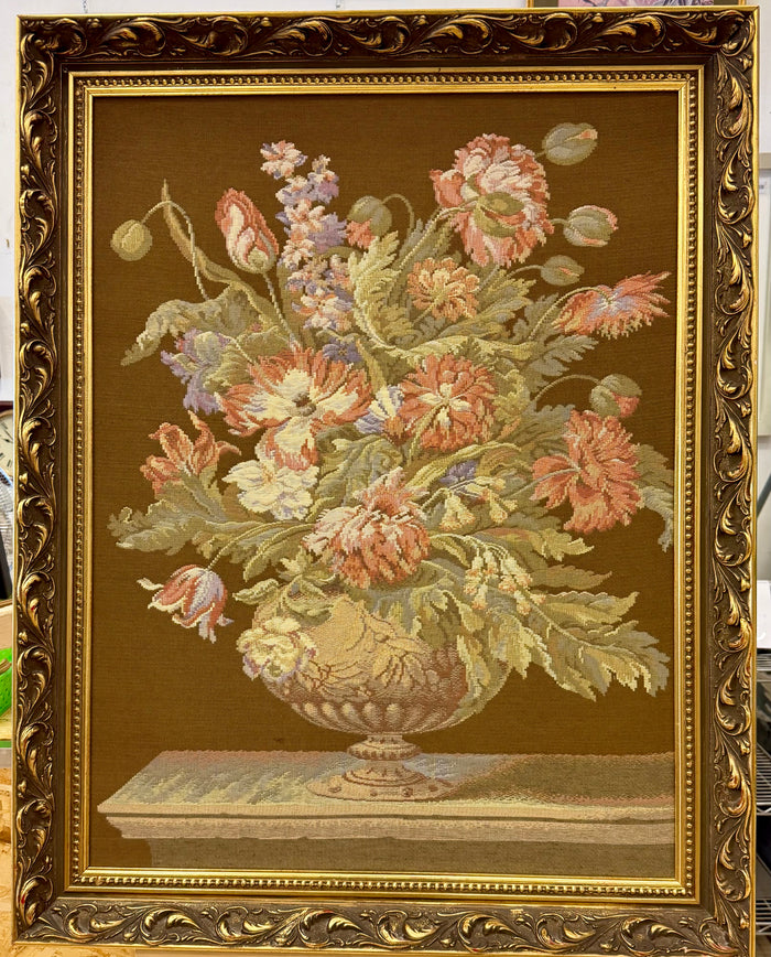 Grand European Vintage Framed Floral Still Life Tapestry