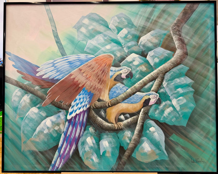 Vintage Mid-Century Tropical Macaws Canvas Painting by Lee Reynolds for Vanguard Studios