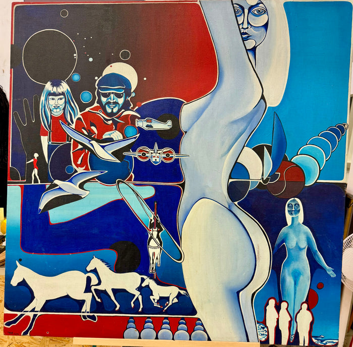 Large Vintage 1974 Psychedelic Pop-Art & Surrealist Oil Painting – Signed "C. Hill 3.74"
