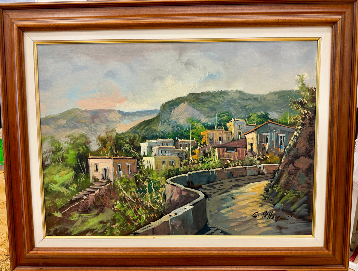 Vintage G. Pellegrin Framed Oil Painting of a Mediterranean Coastal Hillside Village