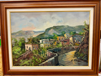 Vintage G. Pellegrin Framed Oil Painting of a Mediterranean Coastal Hillside Village