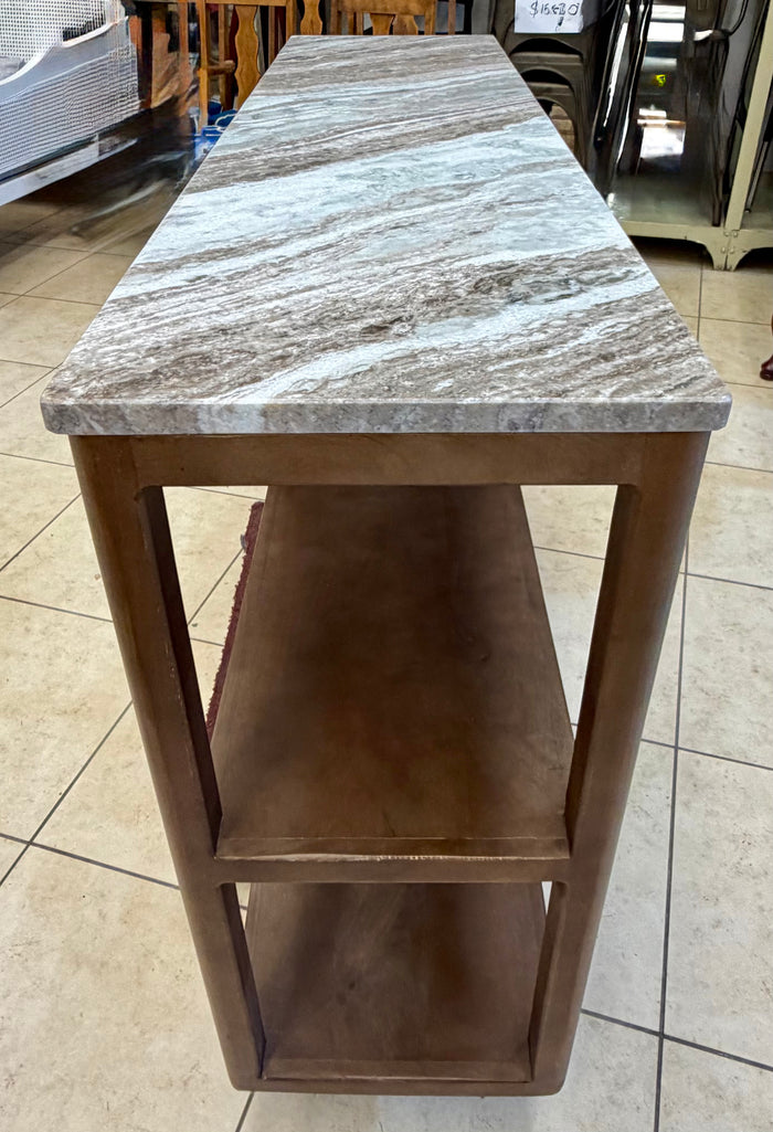 Exquisite Brown and White Marble-Topped Console Table with Dual Shelving